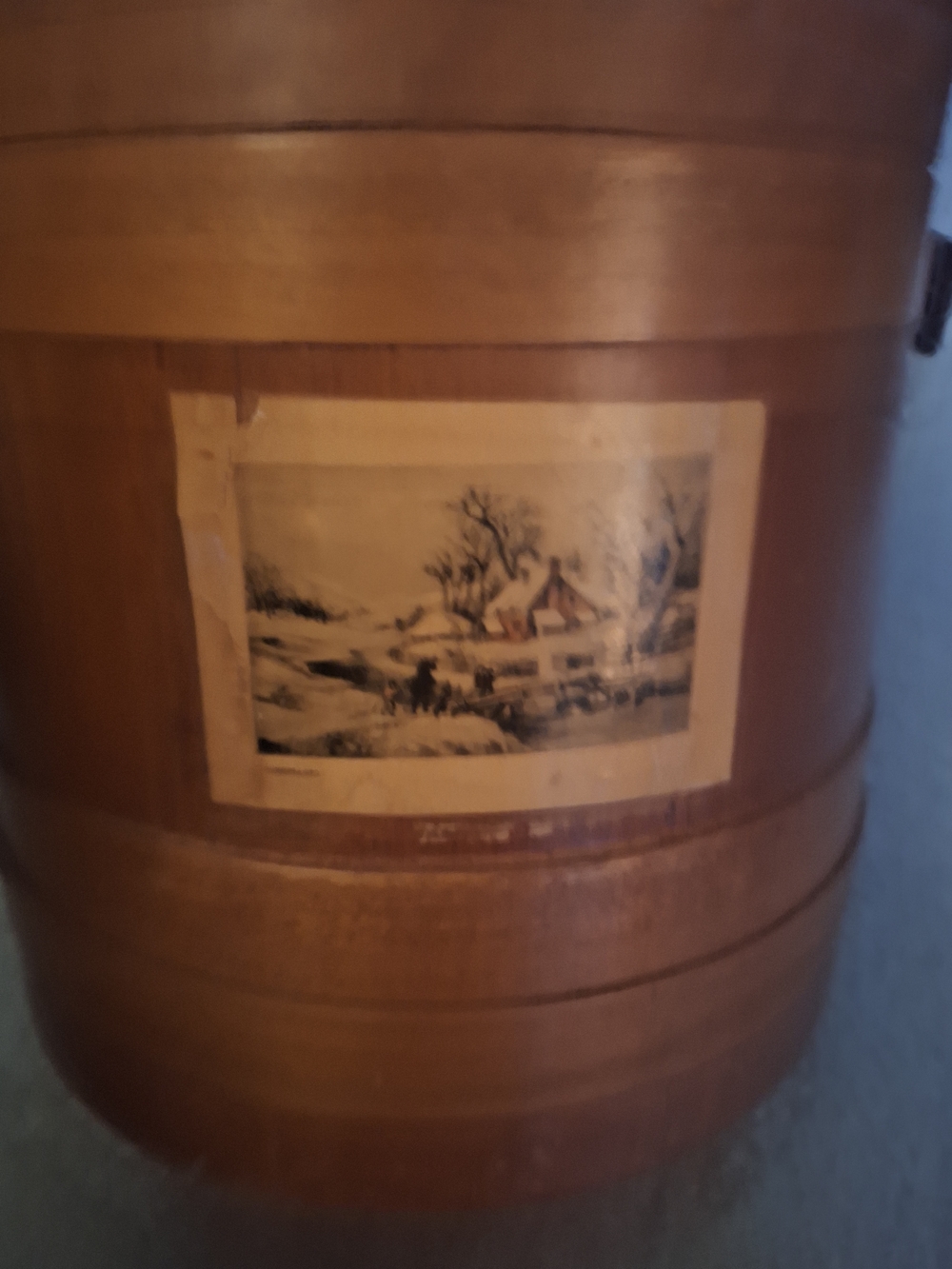 Antique Sugar Container with Winter Scene Decal - Warm Brown